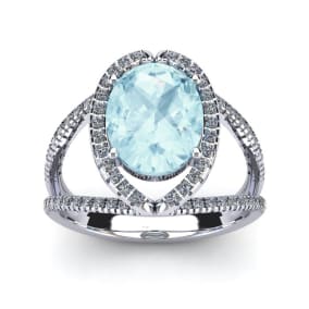 Aquamarine Ring: Aquamarine Jewelry: 2 3/4 Carat Oval Shape Aquamarine and Halo Diamond Ring In 14 Karat White Gold