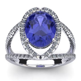 3 Carat Oval Shape Tanzanite and Halo Diamond Ring In 14 Karat White Gold
