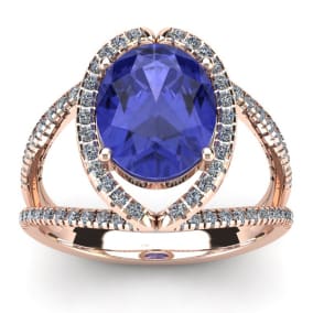 3 Carat Oval Shape Tanzanite and Halo Diamond Ring In 14 Karat Rose Gold