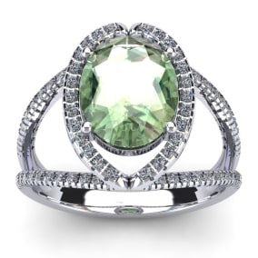 3 Carat Oval Shape Green Amethyst and Halo Diamond Ring In 14 Karat White Gold