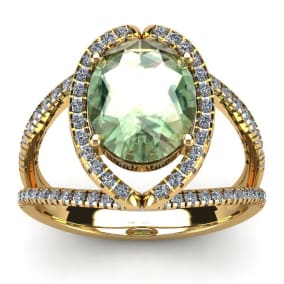 3 Carat Oval Shape Green Amethyst and Halo Diamond Ring In 14 Karat Yellow Gold
