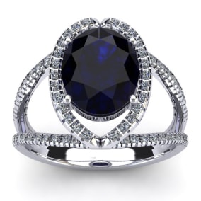 3 1/2 Carat Oval Shape Sapphire and Halo Diamond Ring In 14 Karat White Gold