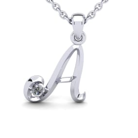 Script Letter A Initial Necklace With A Nice Real Diamonds, Solid Sterling Silver