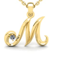 Letter M Natural Diamond Initial Necklace In 14 Karat Yellow Gold With Free Chain
