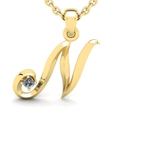 Letter N Natural Diamond Initial Necklace In 14 Karat Yellow Gold With Free Chain