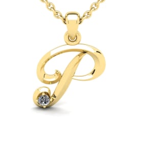 Letter P Natural Diamond Initial Necklace In 14 Karat Yellow Gold With Free Chain