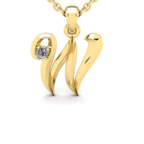 Letter W Natural Diamond Initial Necklace In 14 Karat Yellow Gold With Free Chain