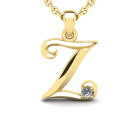 Letter Z Natural Diamond Initial Necklace In 14 Karat Yellow Gold With Free Chain