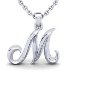Letter M Swirly Initial Necklace In Sterling Silver With Free 18 Inch Cable Chain