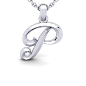Letter P Swirly Initial Necklace In Sterling Silver With Free 18 Inch Cable Chain