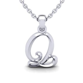 Letter Q Swirly Initial Necklace In Sterling Silver With Free 18 Inch Cable Chain