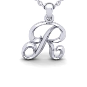 Letter R Swirly Initial Necklace In Sterling Silver With Free 18 Inch Cable Chain