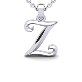 Letter Z Swirly Initial Necklace In Sterling Silver With Free 18 Inch Cable Chain