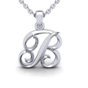 Letter B Swirly Initial Necklace In Heavy 14K White Gold With Free 18 Inch Cable Chain