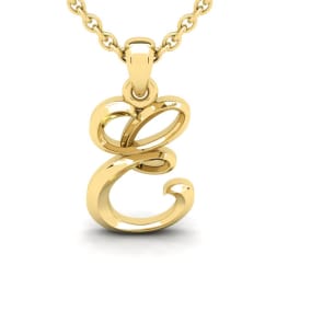 Letter E Swirly Initial Necklace In Heavy 14K Yellow Gold With Free 18 Inch Cable Chain