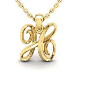 Letter H Swirly Initial Necklace In Heavy 14K Yellow Gold With Free 18 Inch Cable Chain