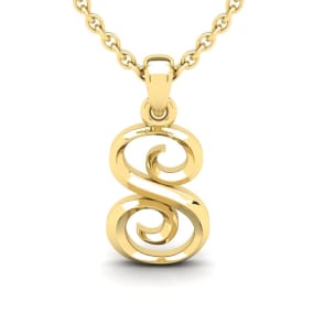 Letter S Swirly Initial Necklace In Heavy 14K Yellow Gold With Free 18 Inch Cable Chain