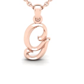 Letter G Swirly Initial Necklace In Heavy 14K Rose Gold With Free 18 Inch Cable Chain