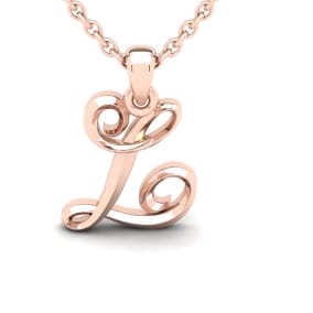 Letter L Swirly Initial Necklace In Heavy 14K Rose Gold With Free 18 Inch Cable Chain