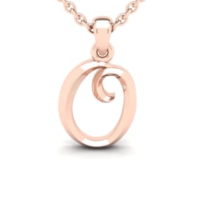 Letter O Swirly Initial Necklace In Heavy 14K Rose Gold With Free 18 Inch Cable Chain