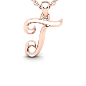 Letter T Swirly Initial Necklace In Heavy 14K Rose Gold With Free 18 Inch Cable Chain