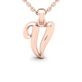 Letter V Swirly Initial Necklace In Heavy 14K Rose Gold With Free 18 Inch Cable Chain