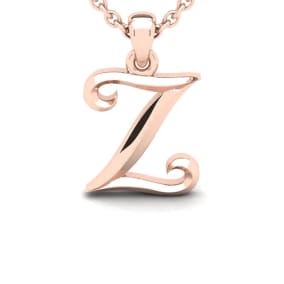 Letter Z Swirly Initial Necklace In Heavy 14K Rose Gold With Free 18 Inch Cable Chain