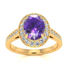 1 1/3 Carat Oval Shape Amethyst and Halo Diamond Ring In 14 Karat Yellow Gold