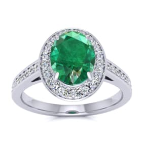 1 1/2 Carat Oval Shape Emerald and Halo Diamond Ring In 14 Karat White Gold