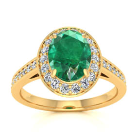 1 1/2 Carat Oval Shape Emerald and Halo Diamond Ring In 14 Karat Yellow Gold