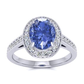 1 1/2 Carat Oval Shape Tanzanite and Halo Diamond Ring In 14 Karat White Gold