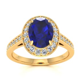 1 3/4 Carat Oval Shape Sapphire and Halo Diamond Ring In 14 Karat Yellow Gold