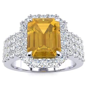3 Carat Citrine and Halo Diamond Ring In 14 Karat White Gold