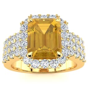 3 Carat Citrine and Halo Diamond Ring In 14 Karat Yellow Gold