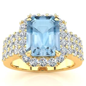 3 Carat Aquamarine and Halo Diamond Ring In 14 Karat Yellow Gold