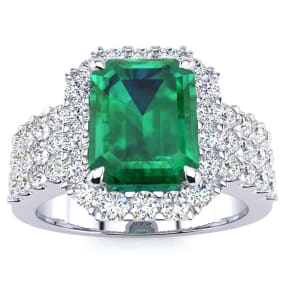 3 Carat Emerald and Halo Diamond Ring In 14 Karat White Gold