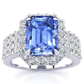 3 1/2 Carat Tanzanite and Halo Diamond Ring In 14 Karat White Gold