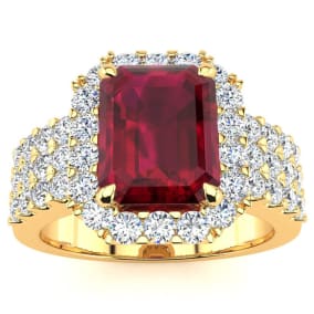 3 3/4 Carat Ruby and Halo Diamond Ring In 14 Karat Yellow Gold