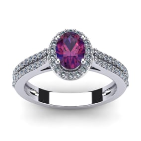 1 Carat Oval Shape Amethyst and Halo Diamond Ring In 14 Karat White Gold