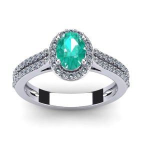 1 1/4 Carat Oval Shape Emerald and Halo Diamond Ring In 14 Karat White Gold