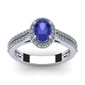 1 1/3 Carat Oval Shape Tanzanite and Halo Diamond Ring In 14 Karat White Gold