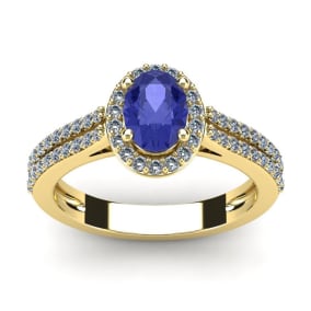 1 1/3 Carat Oval Shape Tanzanite and Halo Diamond Ring In 14 Karat Yellow Gold