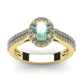 1 Carat Oval Shape Green Amethyst and Halo Diamond Ring In 14 Karat Yellow Gold
