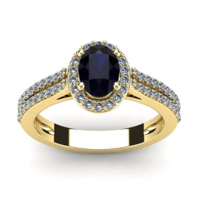 1 1/2 Carat Oval Shape Sapphire and Halo Diamond Ring In 14 Karat Yellow Gold