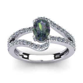 1-1/2 Carat Oval Shape Mystic Topaz Ring With Fancy Diamond Swirls In 14 Karat White Gold