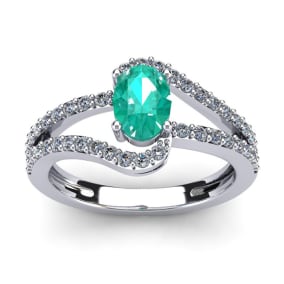 1 1/4 Carat Oval Shape Emerald and Fancy Diamond Ring In 14 Karat White Gold