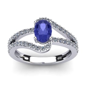 1 1/3 Carat Oval Shape Tanzanite and Fancy Diamond Ring In 14 Karat White Gold