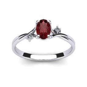 1/2 Carat Oval Shape Garnet and Two Diamond Accent Ring In 14 Karat White Gold