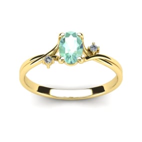 1/2 Carat Oval Shape Green Amethyst and Two Diamond Accent Ring In 14 Karat Yellow Gold