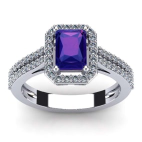 1 1/3 Carat Amethyst and Halo Diamond Ring In 14 Karat White Gold